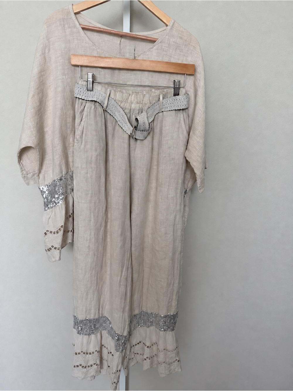 Made in Italy 100% Linen Beige Embroidered Two-Piece Pants Set